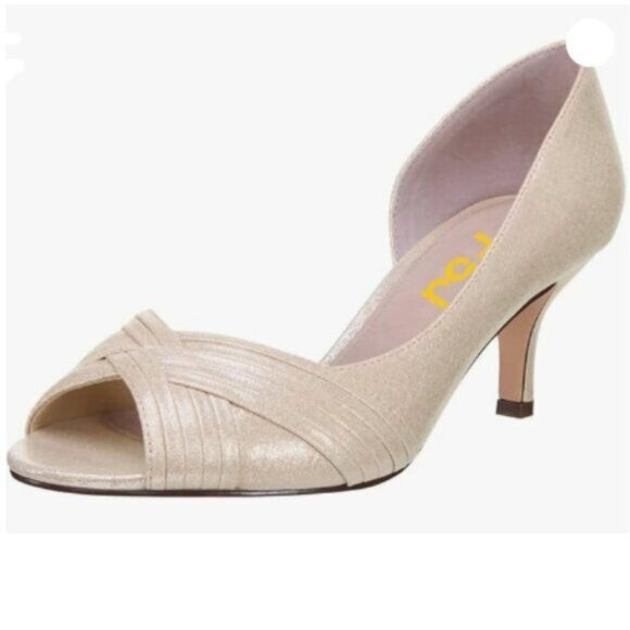 FSJ Light Gold Low Kitten Heels Peep Toe Slip on Pumps D'Orsay Pleated Shoes - Picture 1 of 8